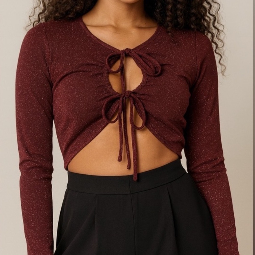 Savage X Fenty Crop Top Womens Medium Burgundy‎ Metallic Shimmer Ruched Cutout